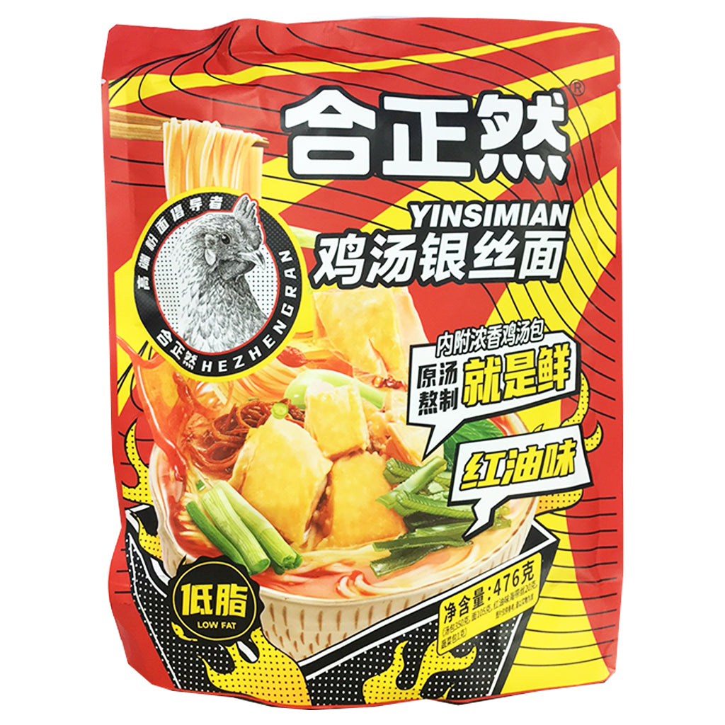 HeZhengRan Chicken Soup Noodle Chili 476g ~ 合正然雞湯銀絲麵紅油味 476g