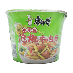 Master Kong Bowl Noodle Pickled Pepper Beef 107g ~ 康师傅泡椒牛肉面 桶装 107g