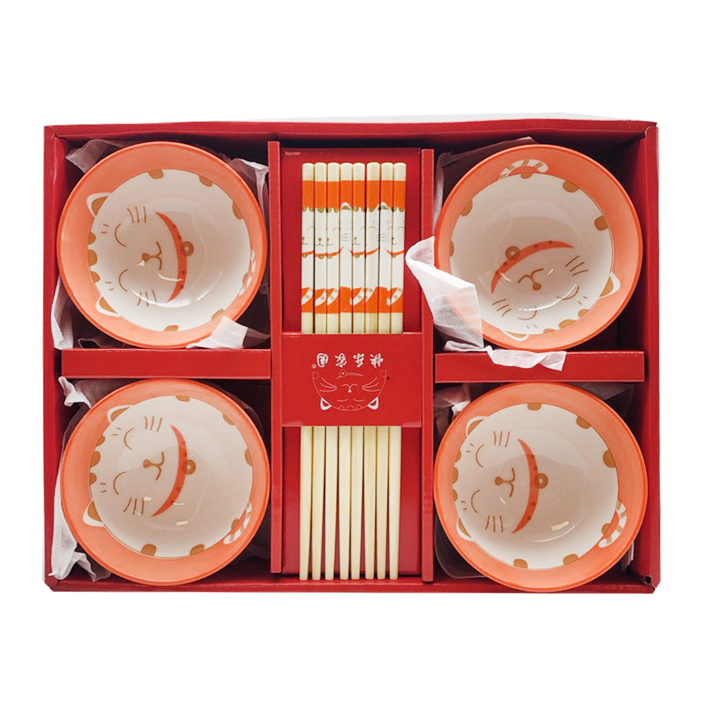 Lixin Fortune Cat Bowl and Chopstick 4 Set ~ 礼信 招财猫碗筷 4套装